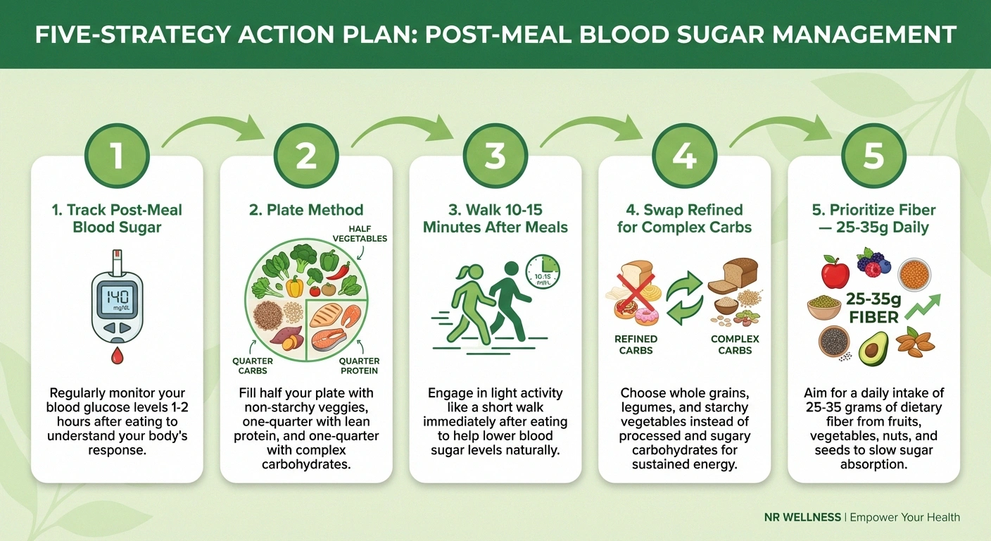 Five-strategy action plan infographic for managing post-meal blood sugar to protect nerves from neuropathy damage