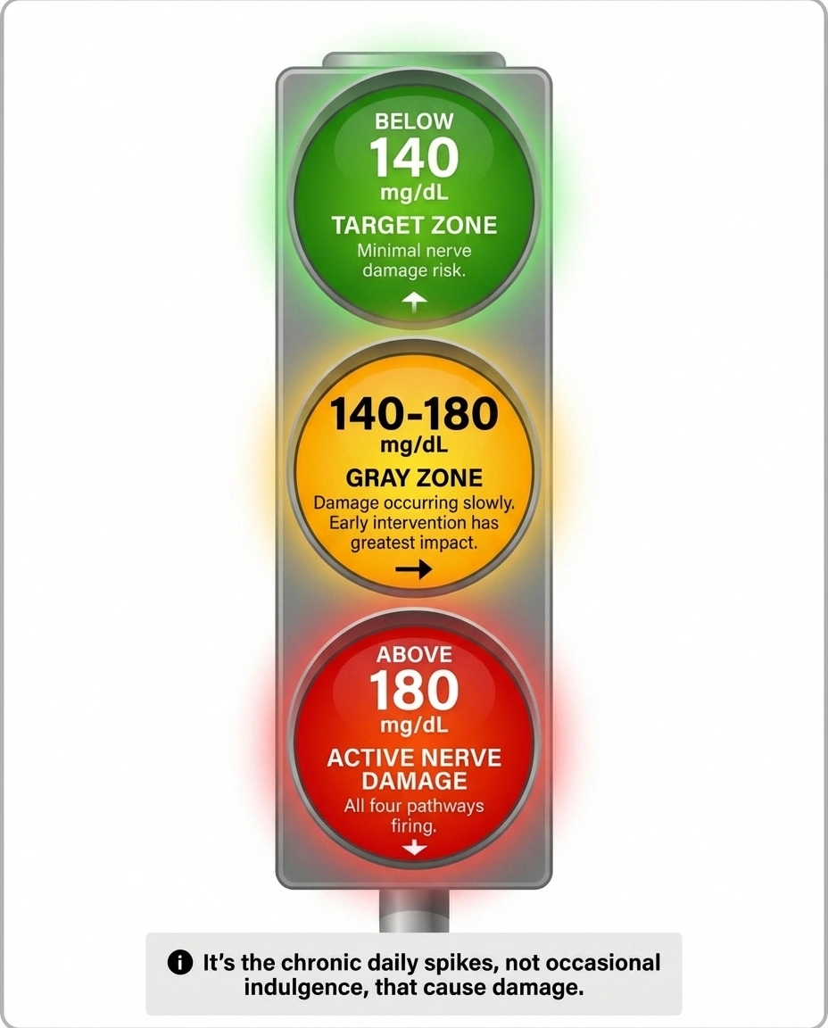 Traffic light infographic showing post-meal blood sugar thresholds and corresponding neuropathy risk levels