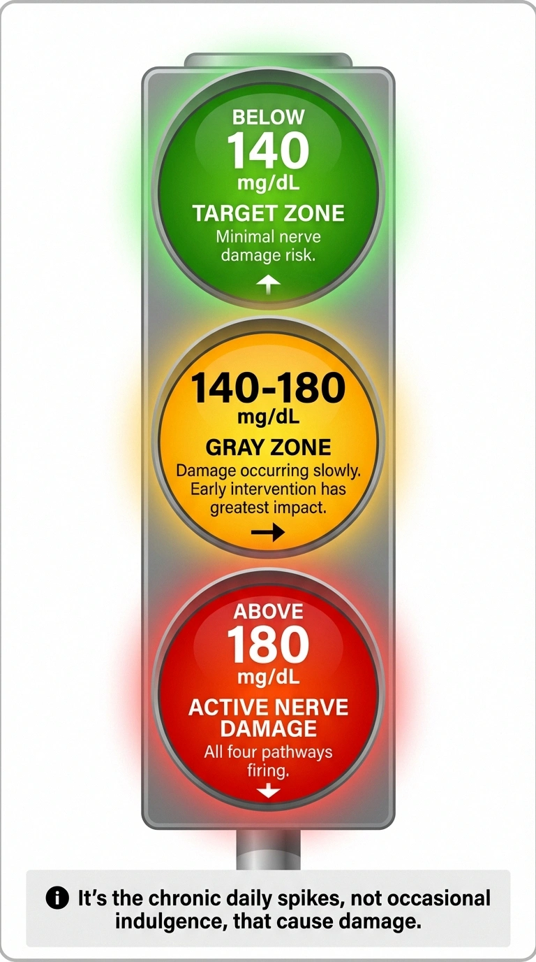 Traffic light infographic showing post-meal blood sugar thresholds and corresponding neuropathy risk levels