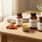 Natural supplements for nerve inflammation including turmeric, fish oil capsules, and B vitamins arranged on wooden surface