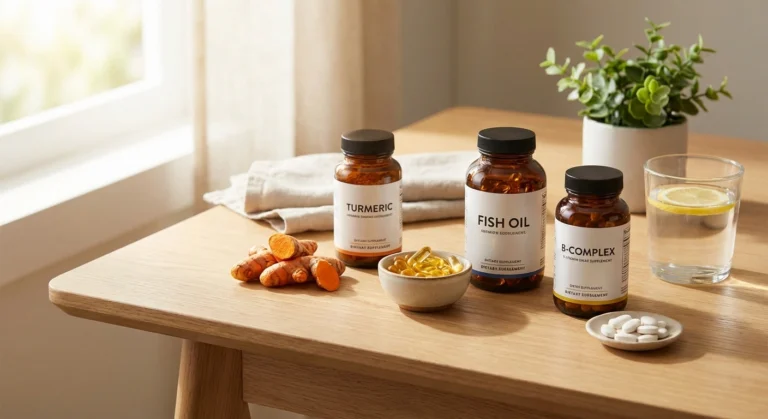 Natural supplements for nerve inflammation including turmeric, fish oil capsules, and B vitamins arranged on wooden surface