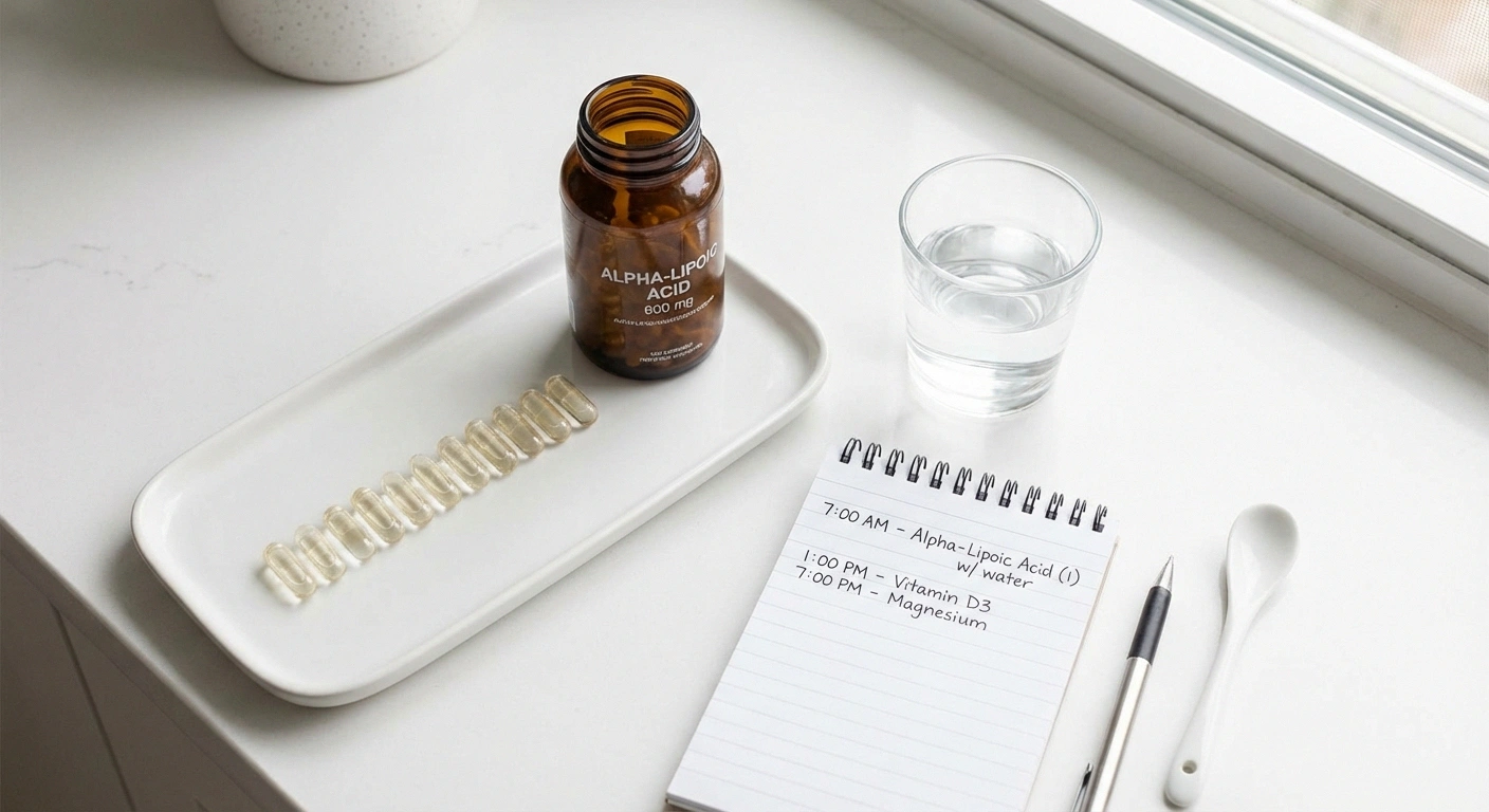 Alpha-lipoic acid supplement capsules arranged with daily dosing schedule for nerve repair protocol