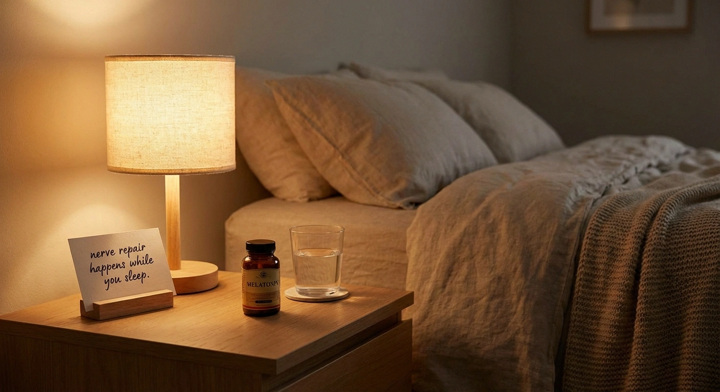 Melatonin supplement on nightstand supporting nerve repair and quality sleep for neuropathy recovery