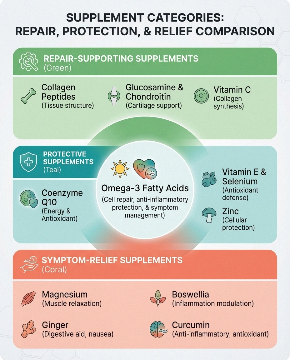 Comparison chart showing three categories of nerve supplements: repair-supporting, protective, and symptom relief