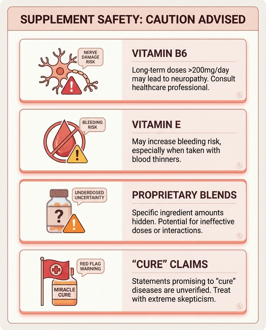 Warning infographic showing supplements that require caution including vitamin B6 toxicity risk and proprietary formula concerns