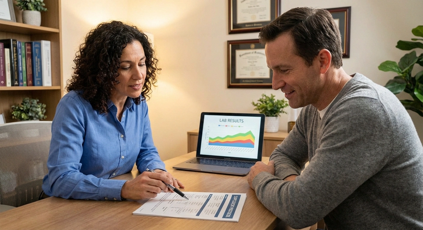 Doctor reviewing personalized nerve repair supplement protocol with patient during consultation