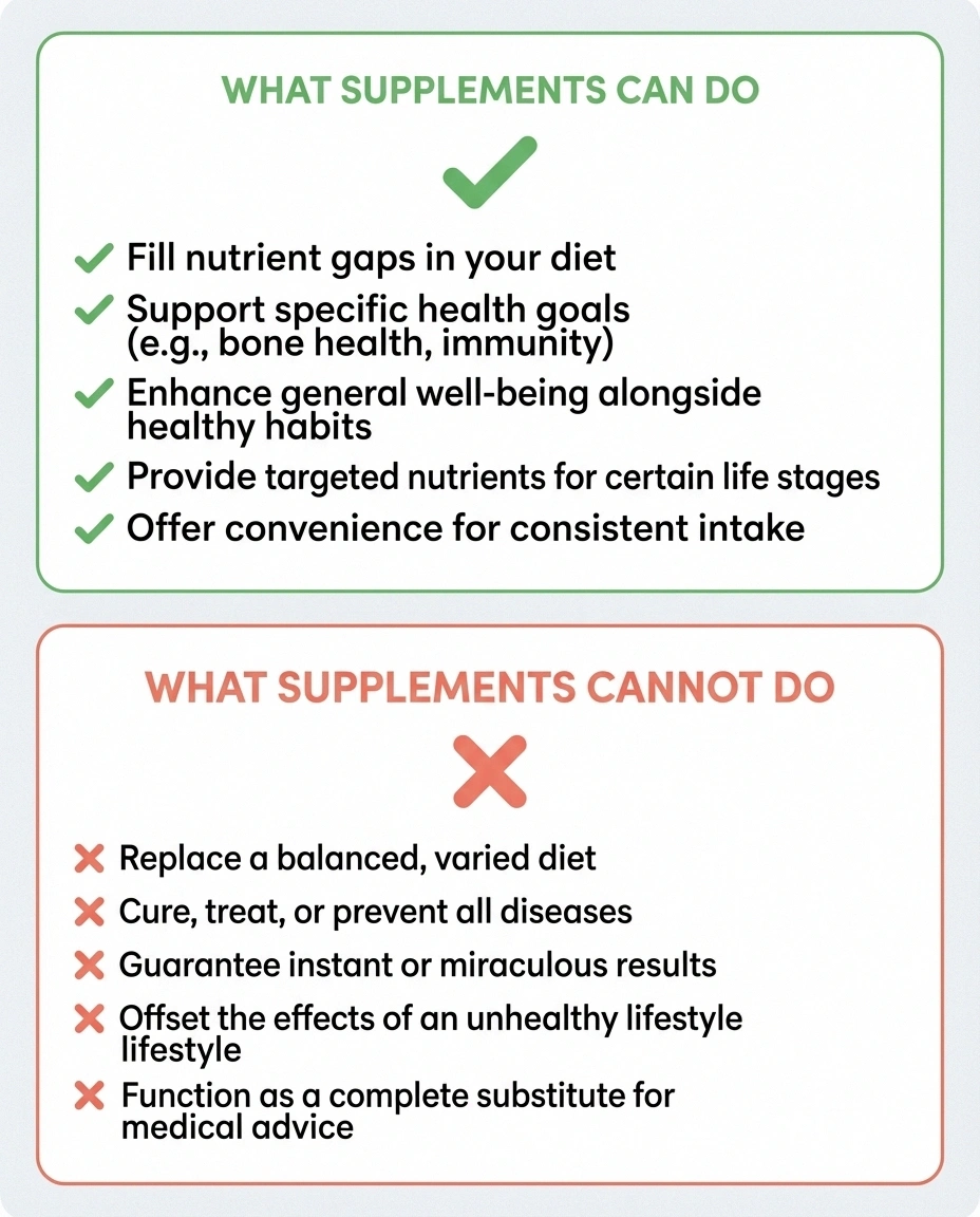 Realistic expectations chart showing what nerve repair supplements can and cannot do for neuropathy recovery