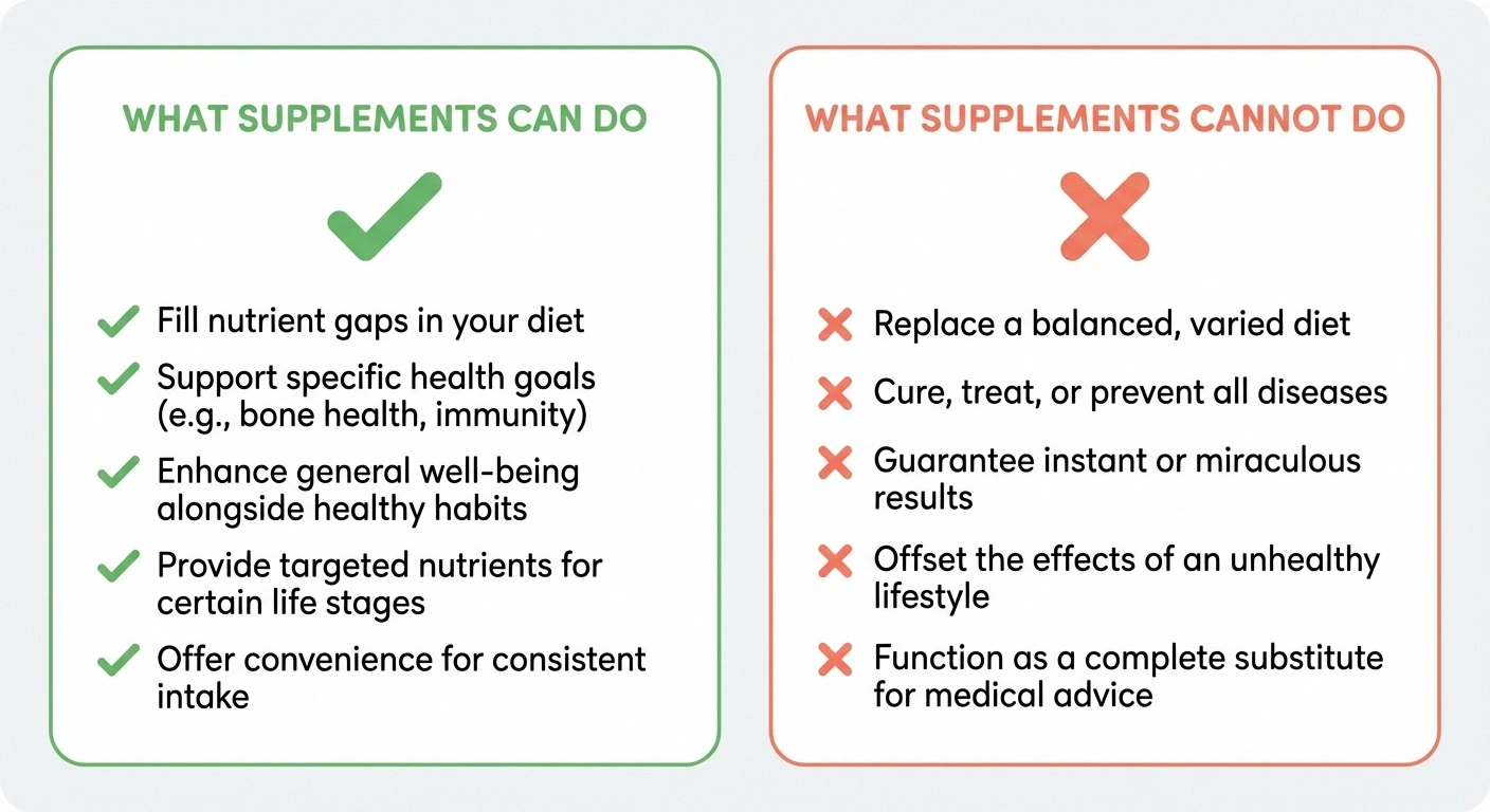 Realistic expectations chart showing what nerve repair supplements can and cannot do for neuropathy recovery