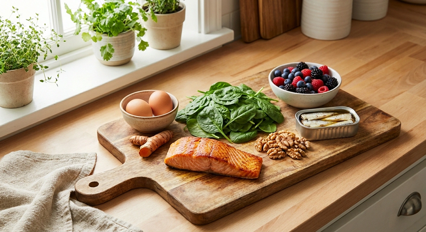 Nerve-repair supporting foods including salmon, spinach, eggs, turmeric, walnuts, and berries on cutting board