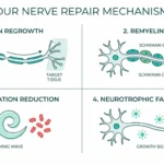 Diagram showing four mechanisms of peripheral nerve repair including axon regrowth, remyelination, inflammation reduction, and neurotrophic factors