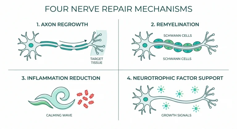 Diagram showing four mechanisms of peripheral nerve repair including axon regrowth, remyelination, inflammation reduction, and neurotrophic factors