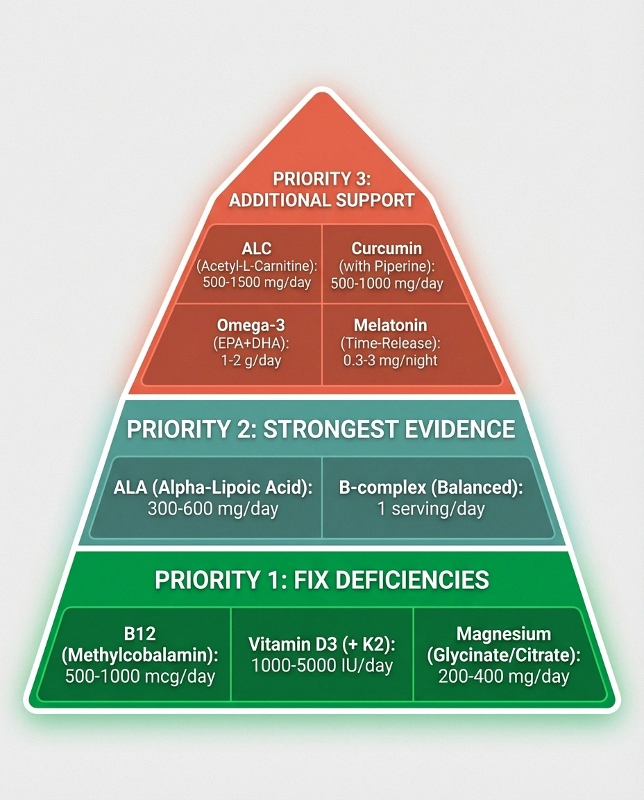 Three-tier supplement protocol pyramid for nerve repair showing priority levels from deficiency correction to additional support