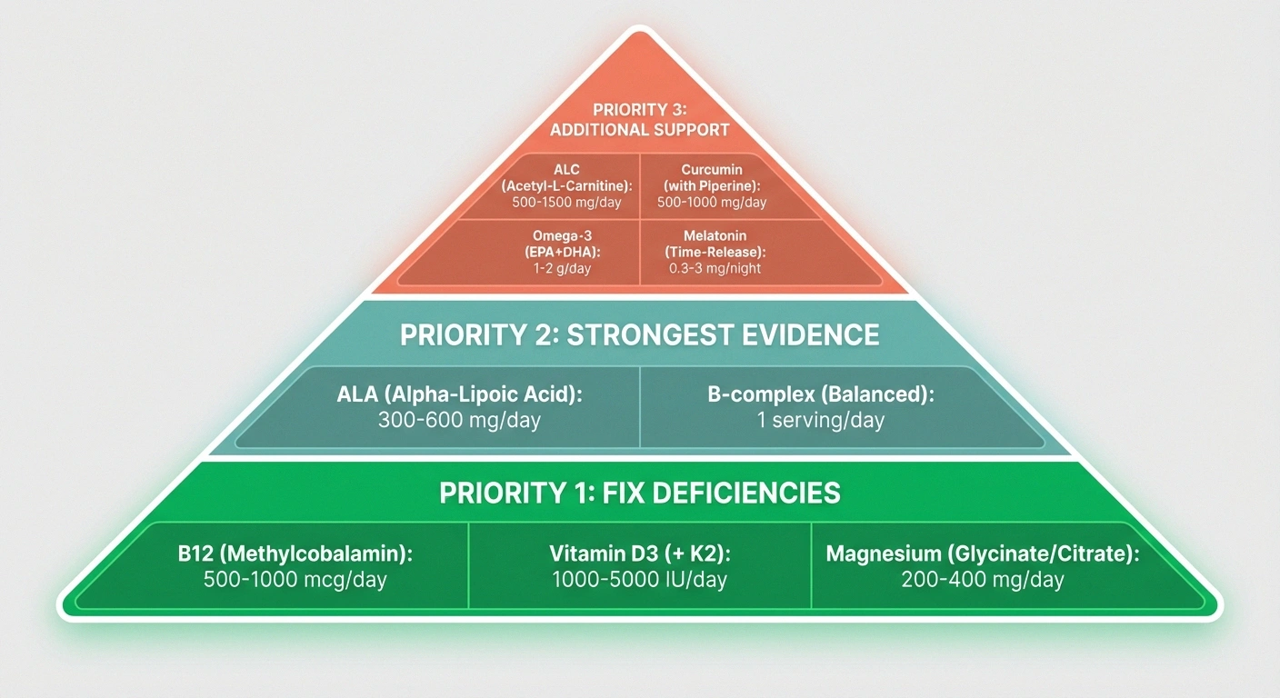 Three-tier supplement protocol pyramid for nerve repair showing priority levels from deficiency correction to additional support