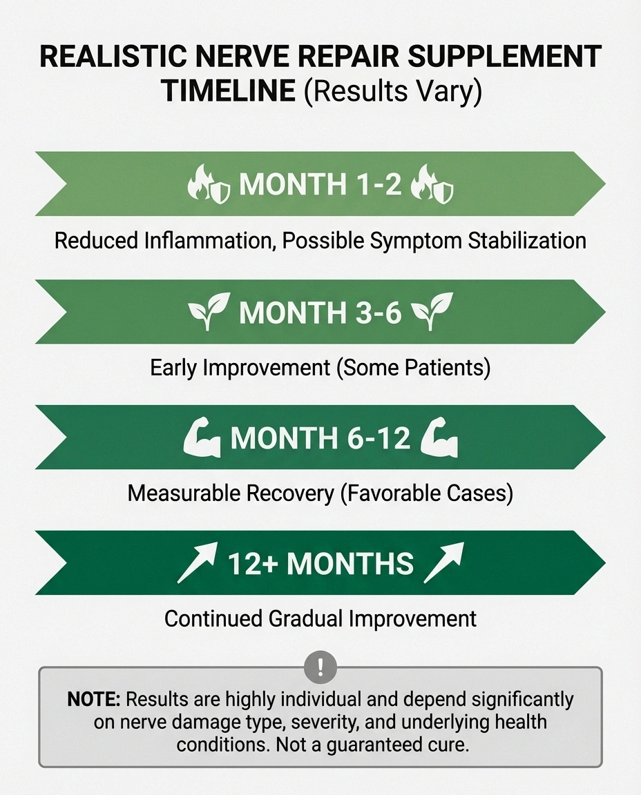 Timeline showing realistic expectations for nerve repair supplements from months one through twelve and beyond