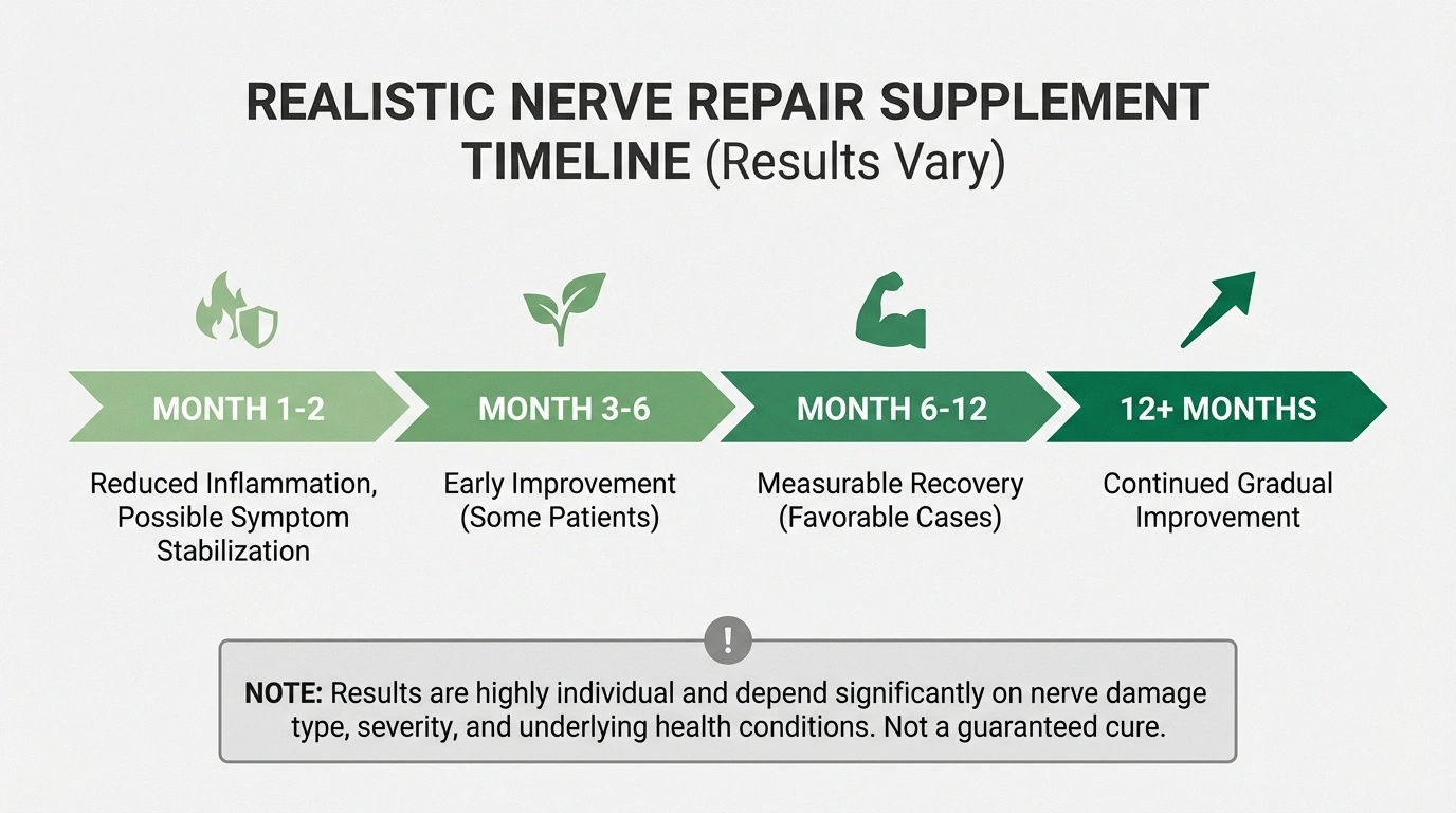 Timeline showing realistic expectations for nerve repair supplements from months one through twelve and beyond
