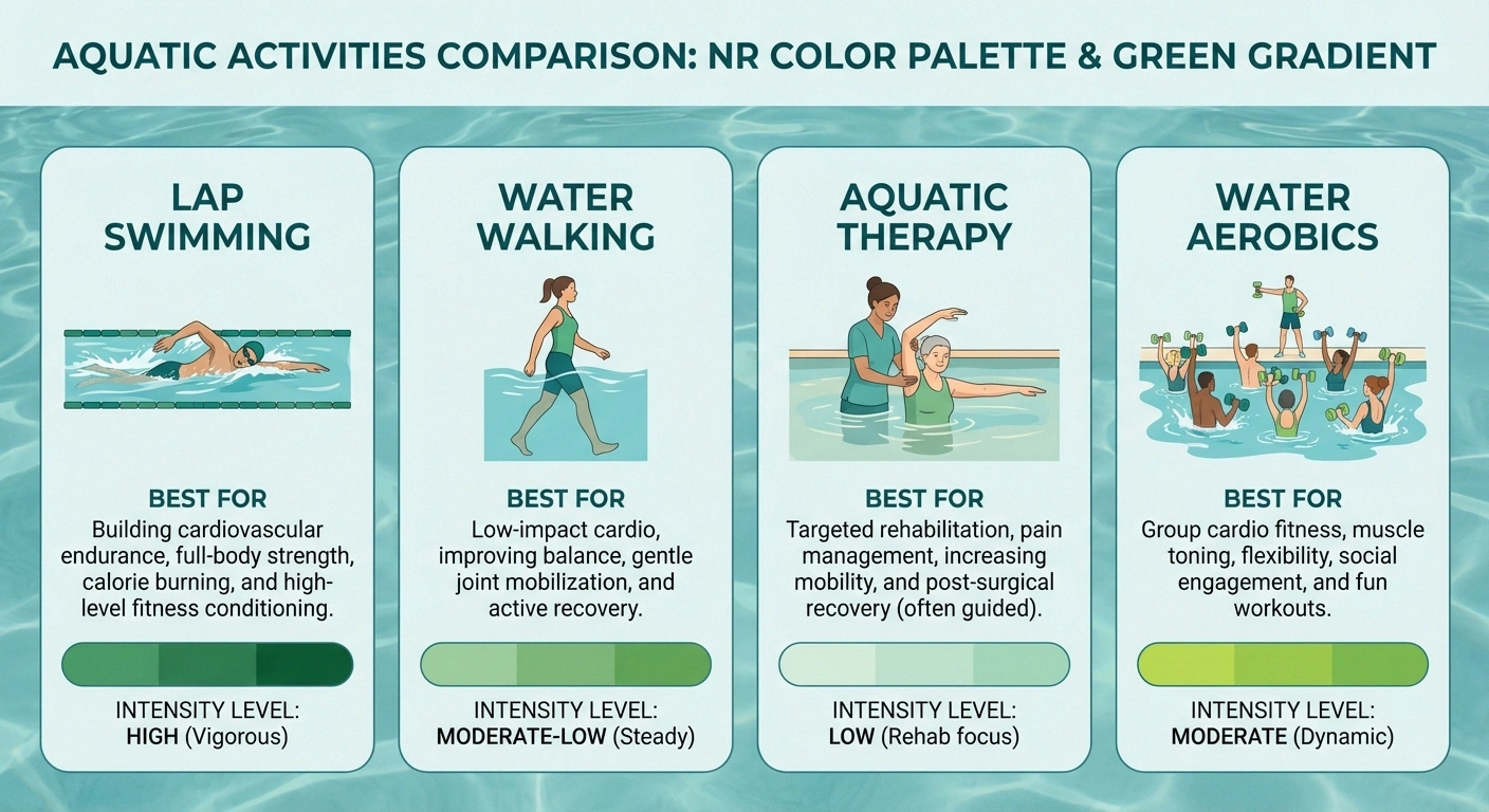 4-column comparison showing lap swimming, water walking, aquatic therapy, and water aerobics. Each column: activity name, illustration, 