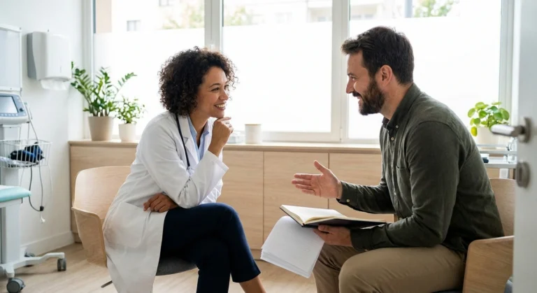 A patient sitting across from a doctor in a bright, modern exam room. Both engaged in conversation — the patient has a notebook or printed document in hand. Warm, natural lighting. The doctor is attentive and listening. Diverse representation.