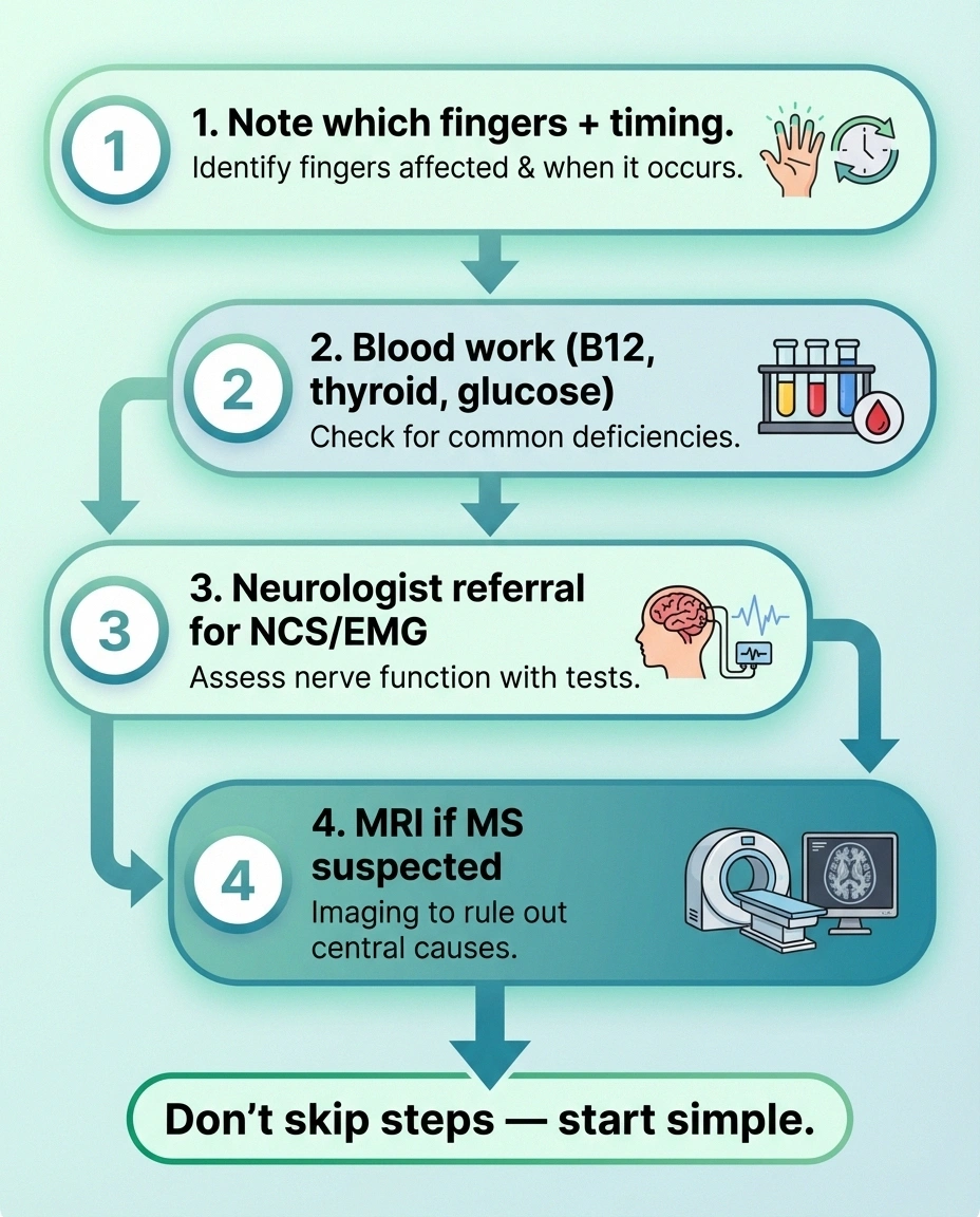 Four-step decision flowchart for diagnosing hand tingling from blood work to neurologist referral to MRI