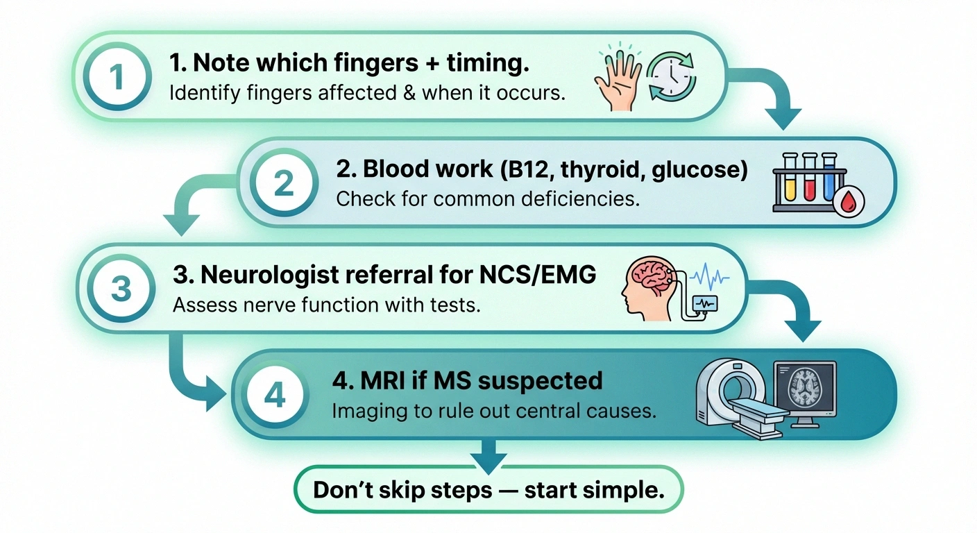 Four-step decision flowchart for diagnosing hand tingling from blood work to neurologist referral to MRI