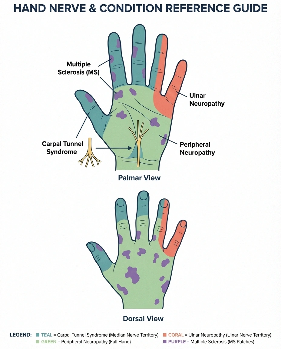 Hand diagram showing which fingers are affected by carpal tunnel neuropathy MS and ulnar neuropathy with color-coded regions