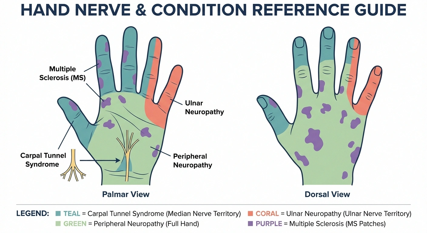 Hand diagram showing which fingers are affected by carpal tunnel neuropathy MS and ulnar neuropathy with color-coded regions