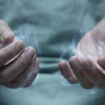 Close-up of mature hands with visual suggestion of tingling nerve sensation in fingertips