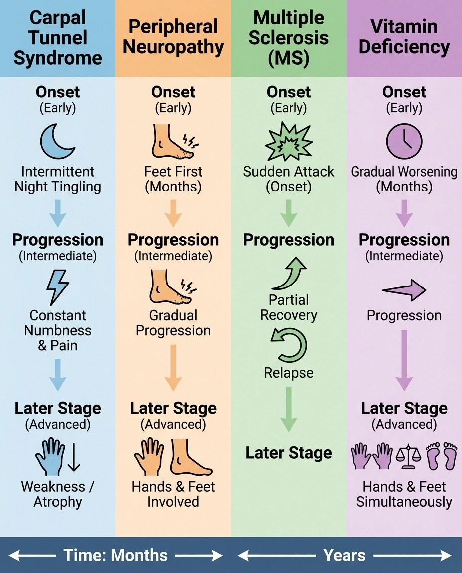 Timeline comparison showing different onset patterns of carpal tunnel neuropathy MS and vitamin deficiency causing hand tingling
