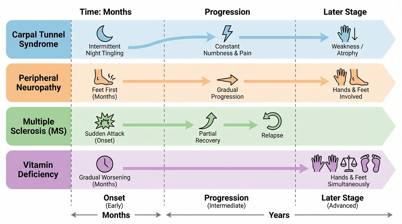 Timeline comparison showing different onset patterns of carpal tunnel neuropathy MS and vitamin deficiency causing hand tingling
