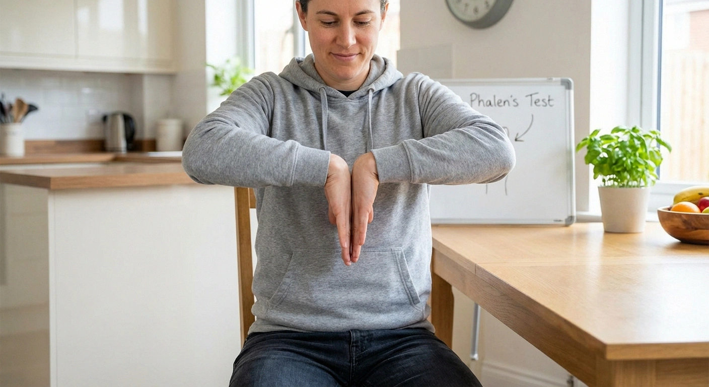 Person demonstrating Phalens test for carpal tunnel syndrome with wrists flexed and backs of hands pressed together