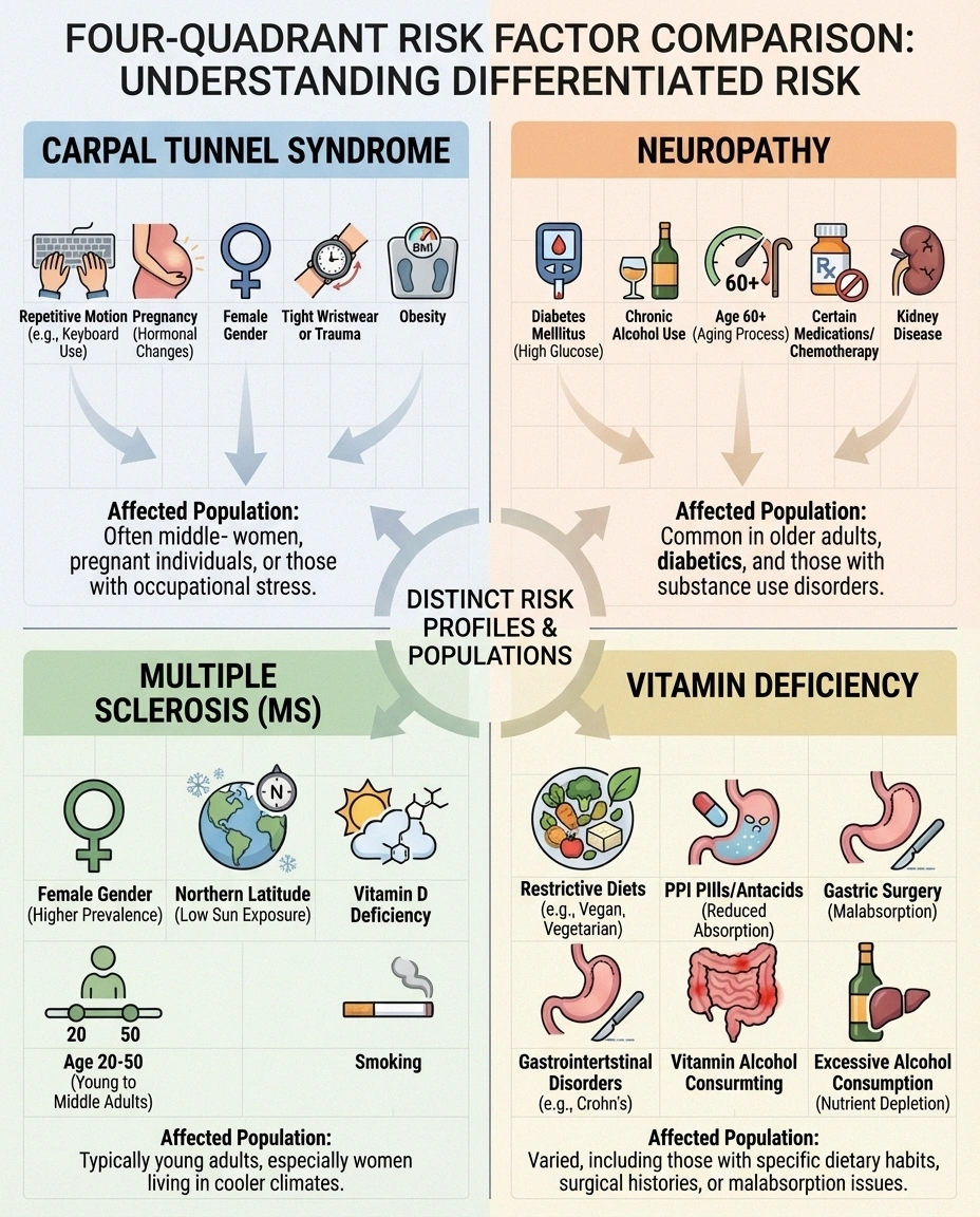 Risk factor comparison infographic for carpal tunnel neuropathy MS and vitamin deficiency showing different risk populations