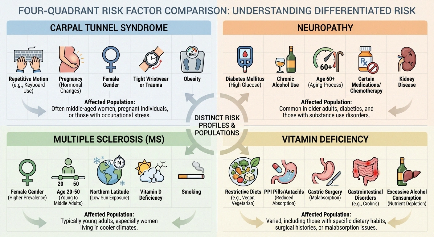 Risk factor comparison infographic for carpal tunnel neuropathy MS and vitamin deficiency showing different risk populations