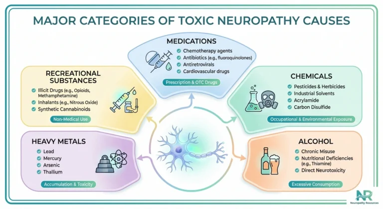 Infographic showing five major causes of toxic neuropathy including medications, chemicals, alcohol, heavy metals, and recreational substances