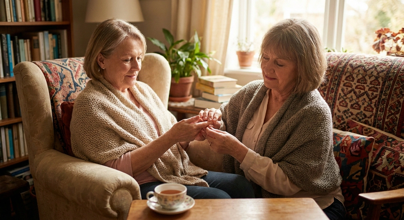 Woman examining her hands while managing neuropathy symptoms after chemotherapy treatment