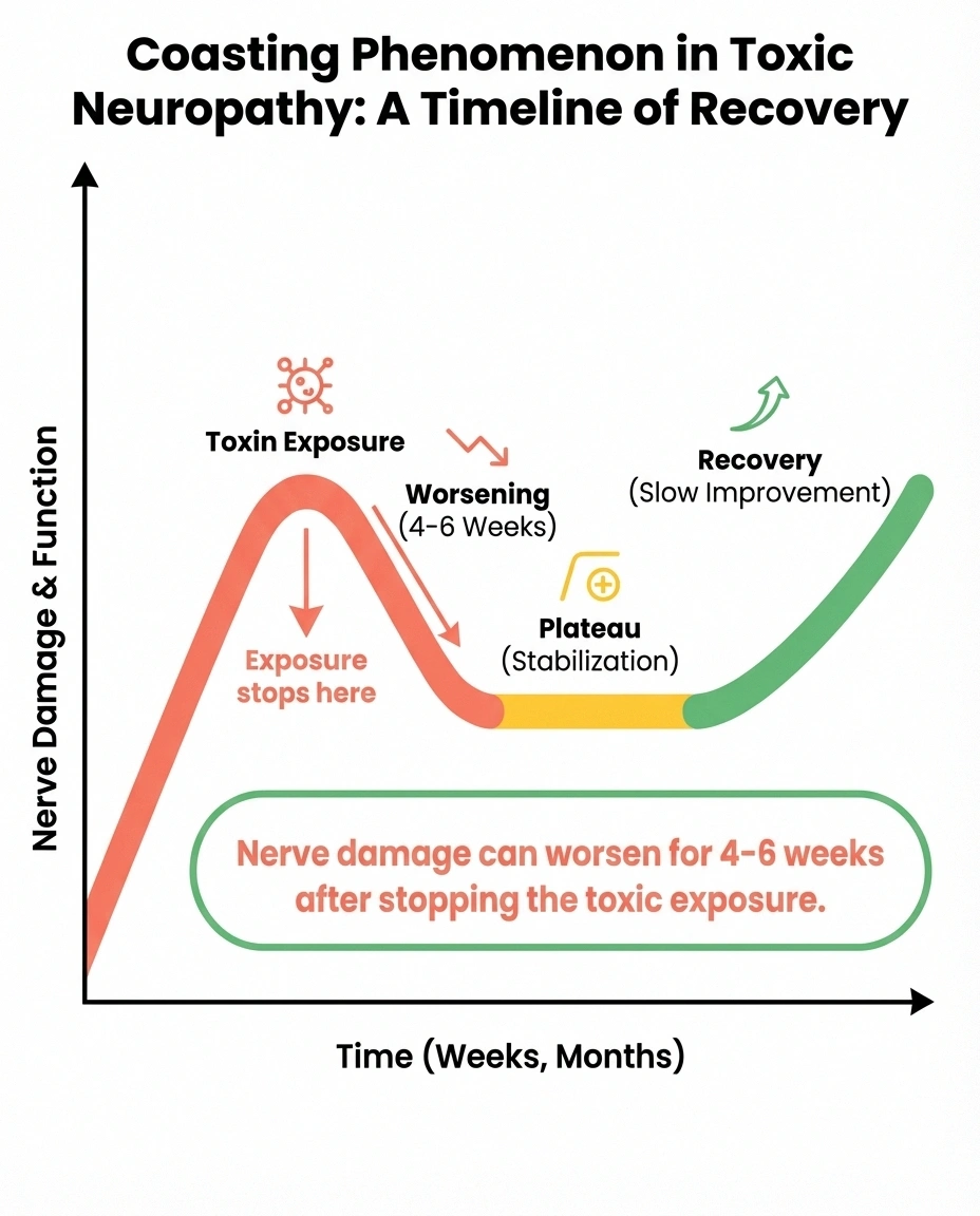 Infographic showing the coasting effect in toxic neuropathy where symptoms worsen after stopping exposure before improving