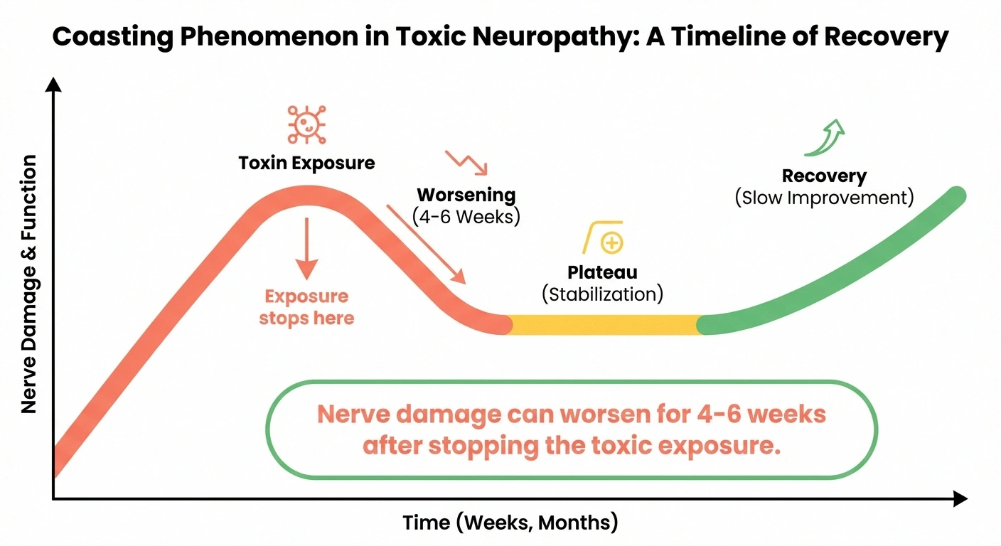 Infographic showing the coasting effect in toxic neuropathy where symptoms worsen after stopping exposure before improving