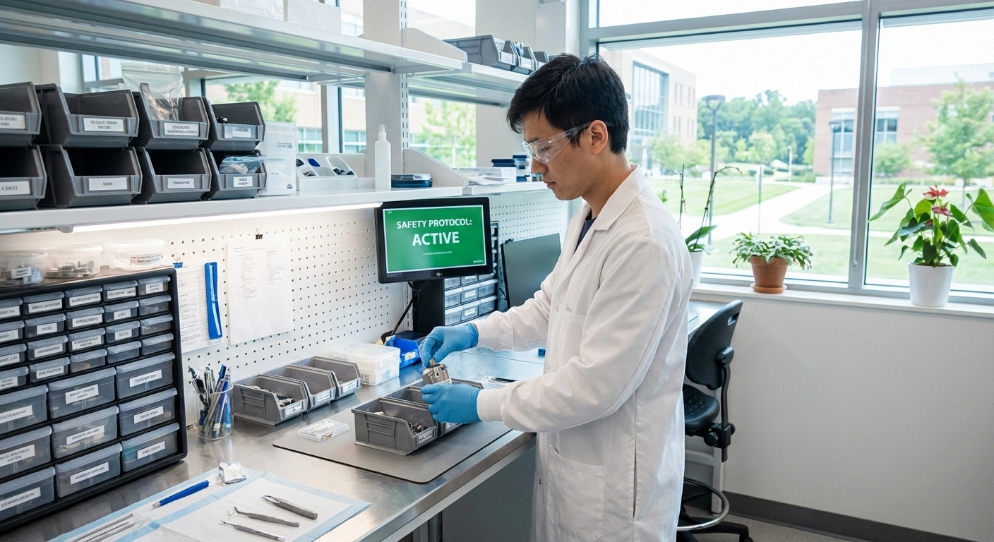 Worker wearing protective gloves and safety equipment to prevent toxic neuropathy from chemical exposure