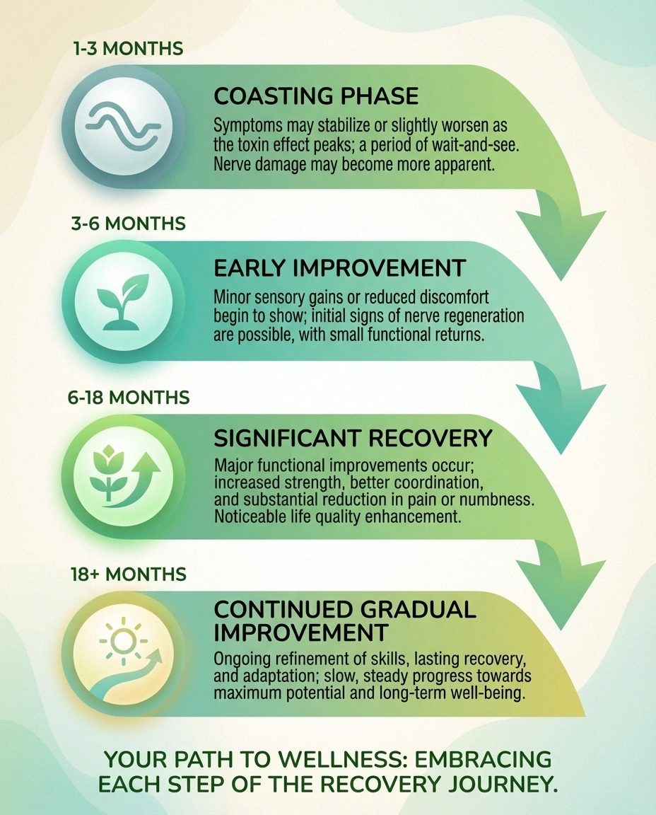 Recovery timeline for toxic neuropathy showing expected improvement phases from 1 month to over 18 months