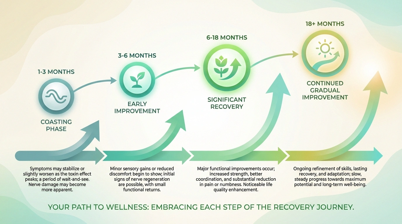 Recovery timeline for toxic neuropathy showing expected improvement phases from 1 month to over 18 months