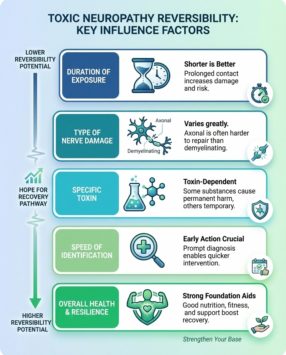 Infographic showing five key factors that determine whether toxic neuropathy damage is reversible