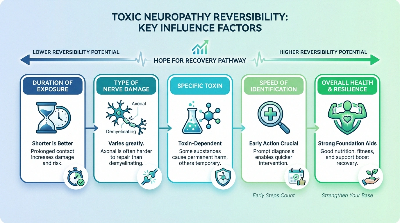 Infographic showing five key factors that determine whether toxic neuropathy damage is reversible