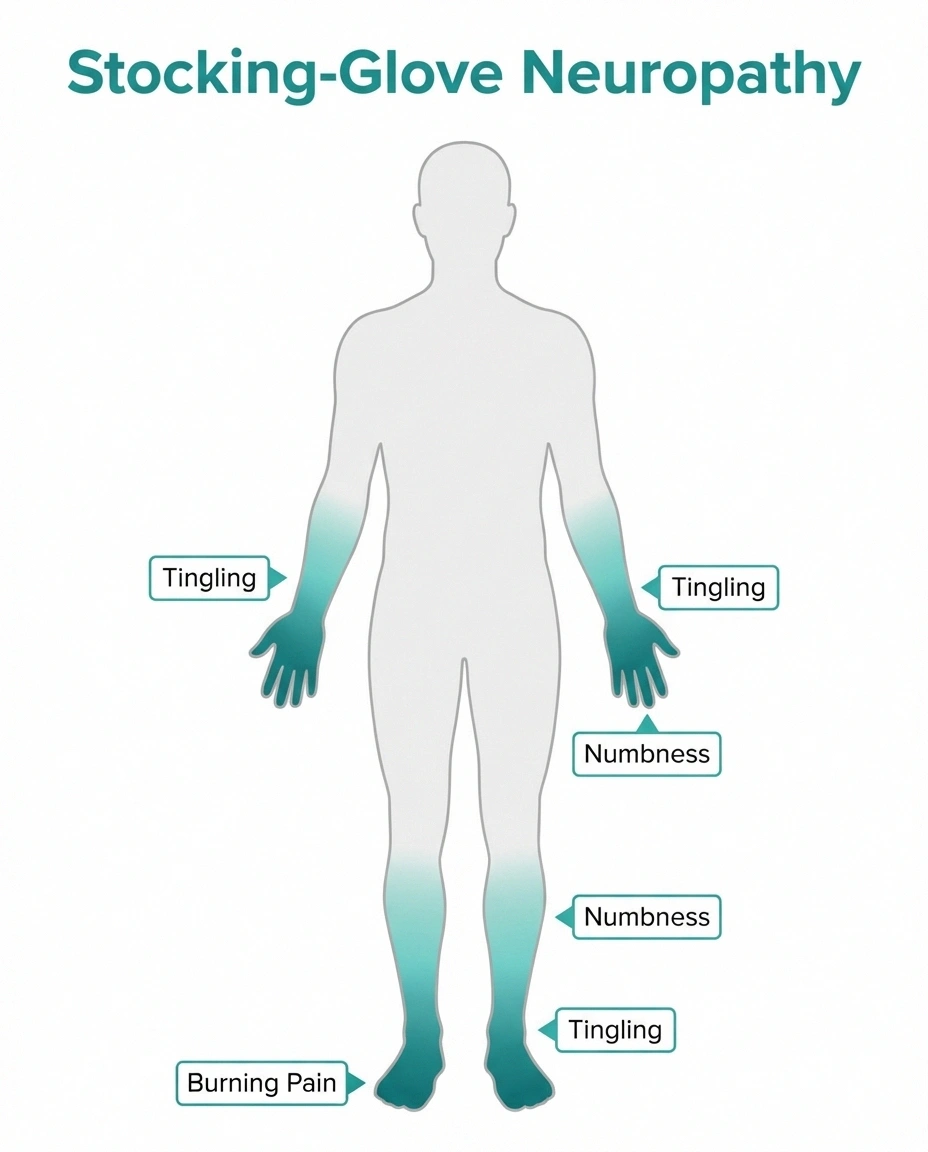 Diagram showing stocking-glove distribution pattern of toxic neuropathy symptoms in hands and feet