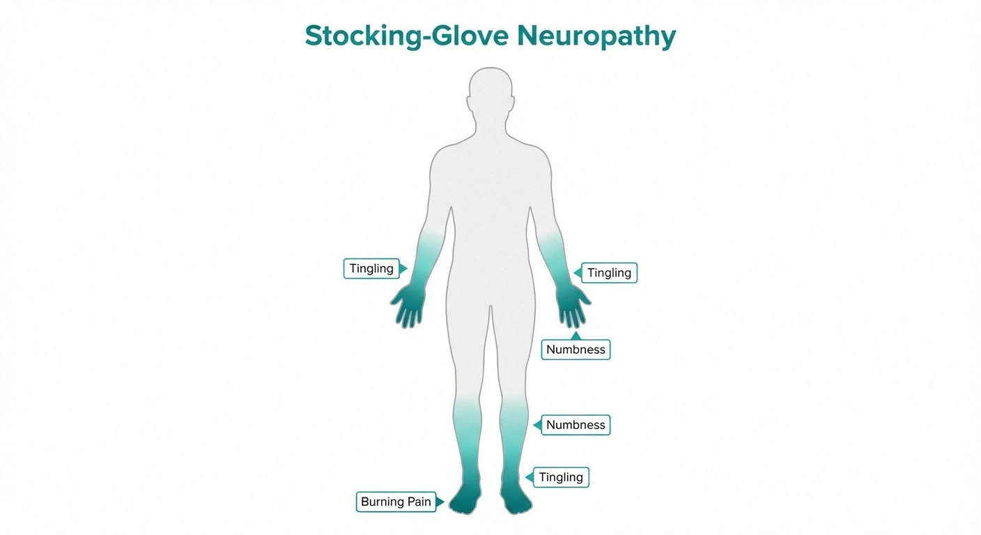 Diagram showing stocking-glove distribution pattern of toxic neuropathy symptoms in hands and feet