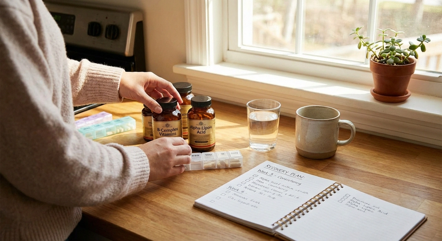Person organizing nerve-supporting vitamins and supplements as part of toxic neuropathy recovery routine