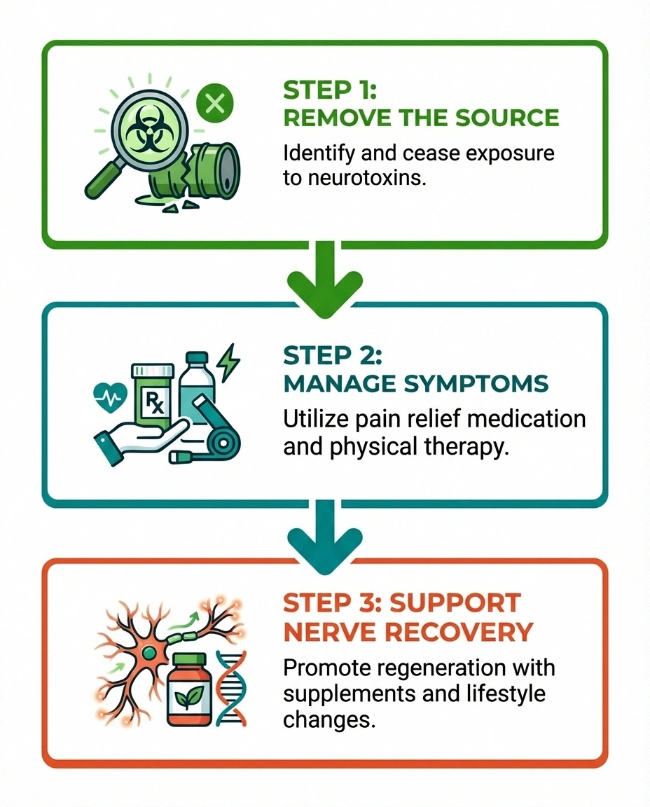 Three-step treatment framework for toxic neuropathy showing source removal, symptom management, and nerve recovery support