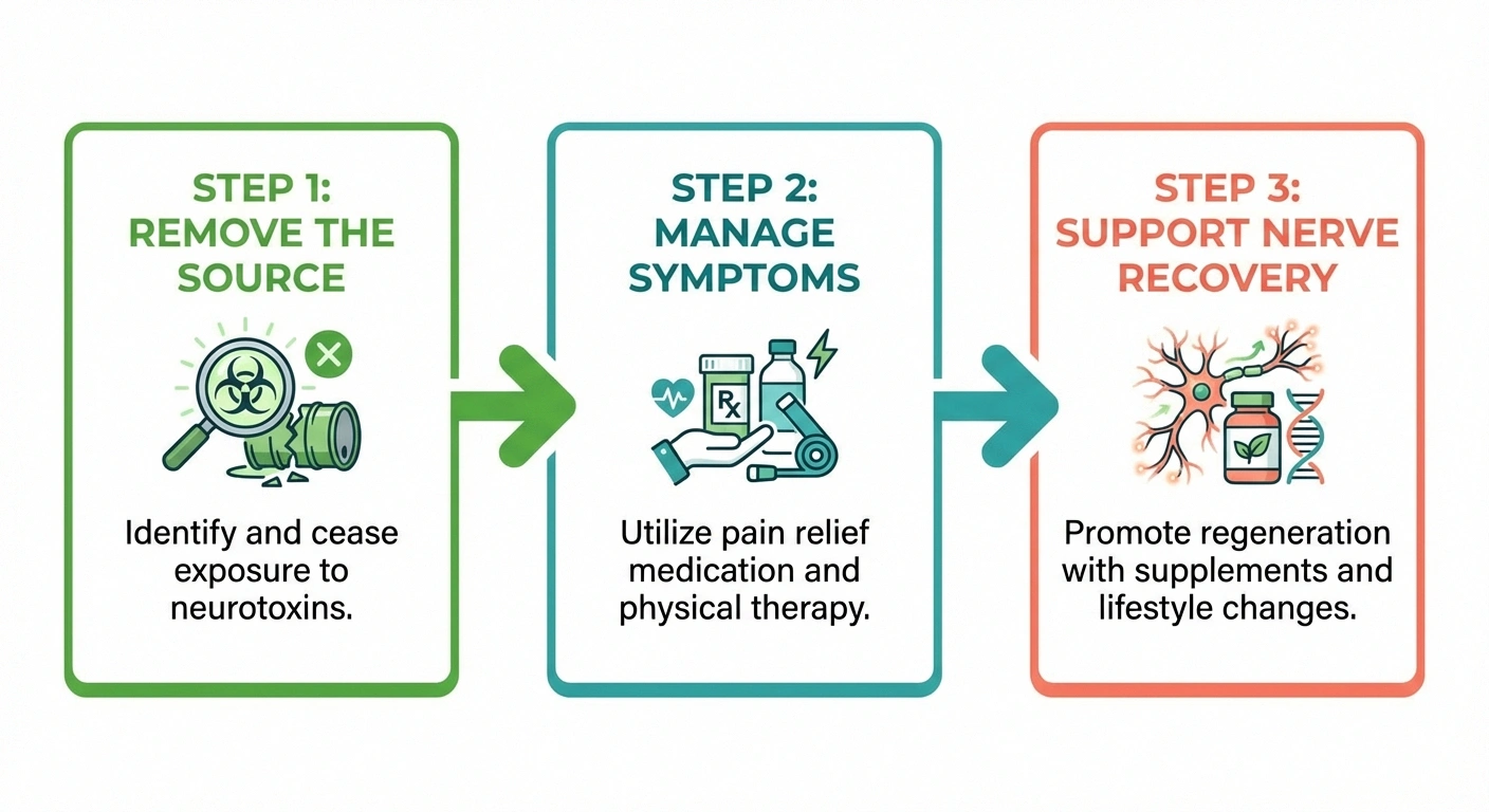 Three-step treatment framework for toxic neuropathy showing source removal, symptom management, and nerve recovery support