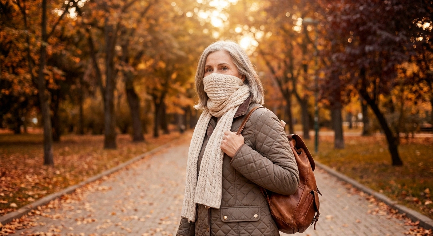 Woman with a scarf covering her face walking outdoors in autumn, illustrating a coping strategy for trigeminal neuralgia wind triggers