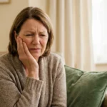 A mature woman in her fifties or sixties gently holding one side of her face with a pained expression, eyes slightly closed. She is sitting in a softly lit living room. The image conveys the sudden, intense nature of facial pain. No medical equipment visible — this is about the lived experience.