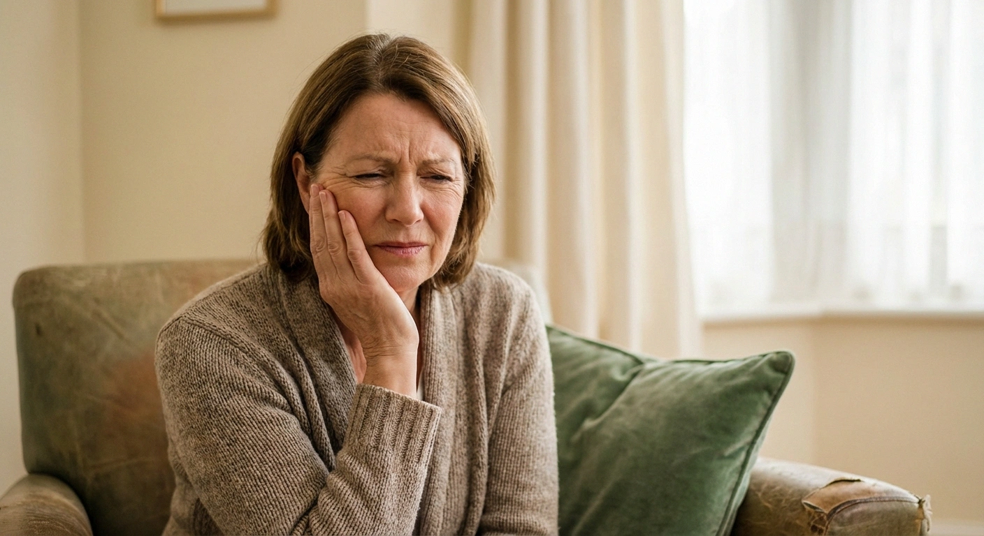 A mature woman in her fifties or sixties gently holding one side of her face with a pained expression, eyes slightly closed. She is sitting in a softly lit living room. The image conveys the sudden, intense nature of facial pain. No medical equipment visible — this is about the lived experience.