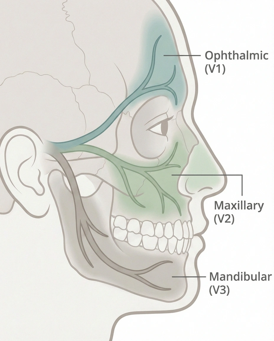 A clean, anatomical illustration showing the three branches of the trigeminal nerve on a side profile of a human head. The ophthalmic (V1), maxillary (V2), and mandibular (V3) branches are clearly labeled with different colors. The areas each branch covers are highlighted on the face. Simple, educational, not overly clinical.
