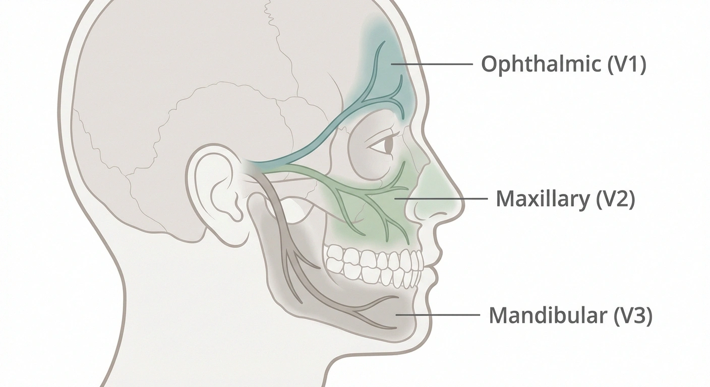 A clean, anatomical illustration showing the three branches of the trigeminal nerve on a side profile of a human head. The ophthalmic (V1), maxillary (V2), and mandibular (V3) branches are clearly labeled with different colors. The areas each branch covers are highlighted on the face. Simple, educational, not overly clinical.